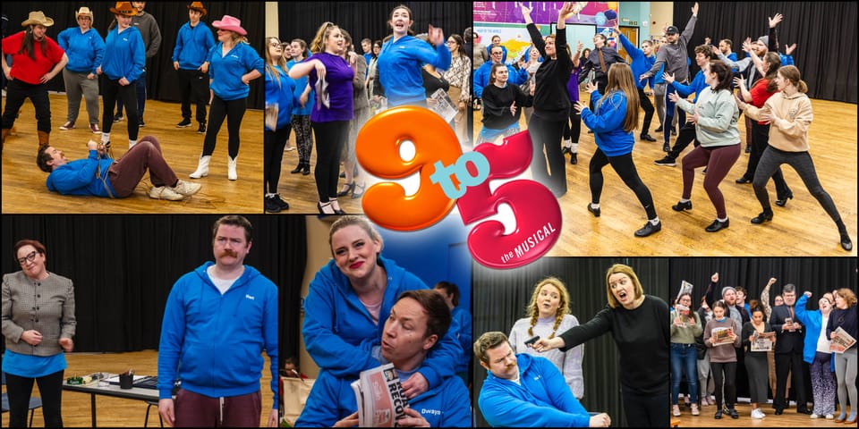 A mosaic of photographs featuring the cast of 9 to 5 the Musical, in rehearsal at LWMS