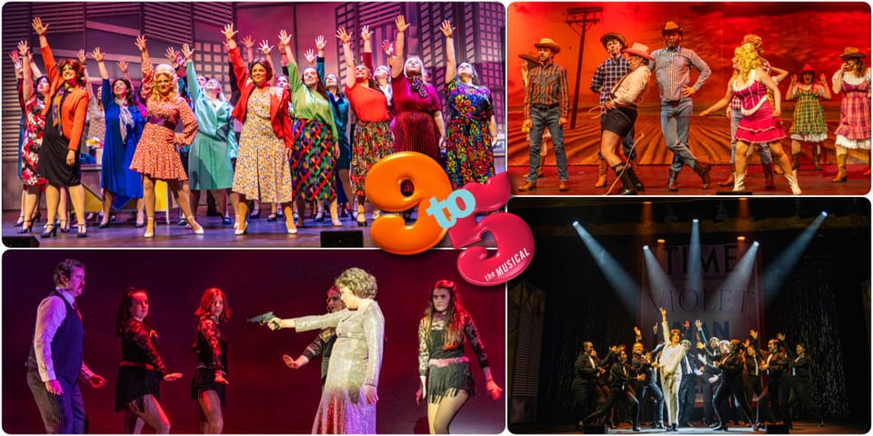 A collage of production photos from 9 to 5 the Musical