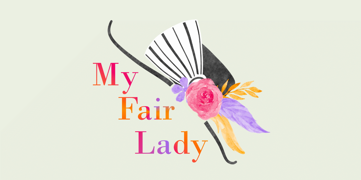 A logo for the musical 'My Fair Lady'. A woman's wide-brimmed hat with a brightly coloured floral posy.