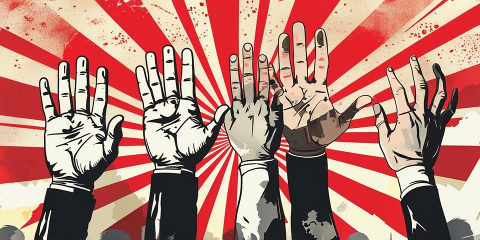 A stylised image of raised hands, voting